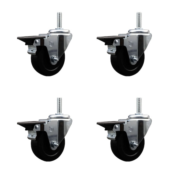 35 Inch Hard Rubber Wheel Swivel 58 Inch Threaded Stem Caster Set with Brake SCC